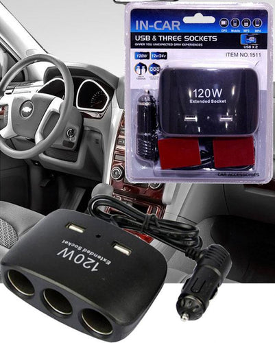 In Car USB Charger & Three Sockets