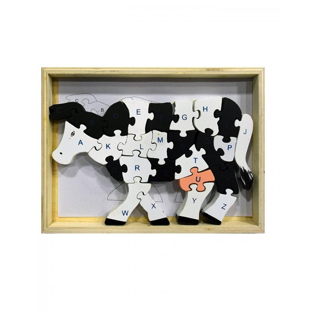 Wooden Puzzle Blocks ABC & 123 Cow Design For Kids