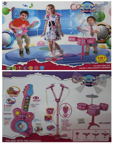 3 In 1 Musical Instrument Concert Center Microphone Set , Guitar & Drum Set Learn & Play - For Kids