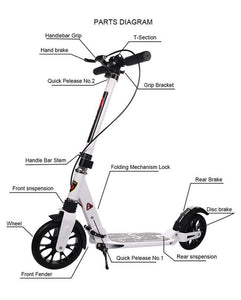 Foldable Aluminium PU Wheels Double Suspension Adult Kick Scooter With Rear DISC Brake